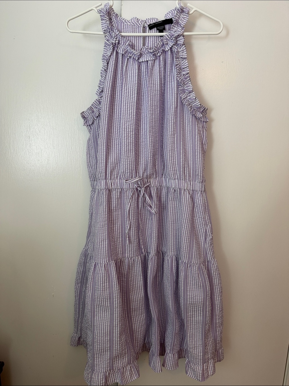 Lavender Seersucker CottonStripe Ruffle Halter Dress for Women by Maggy London